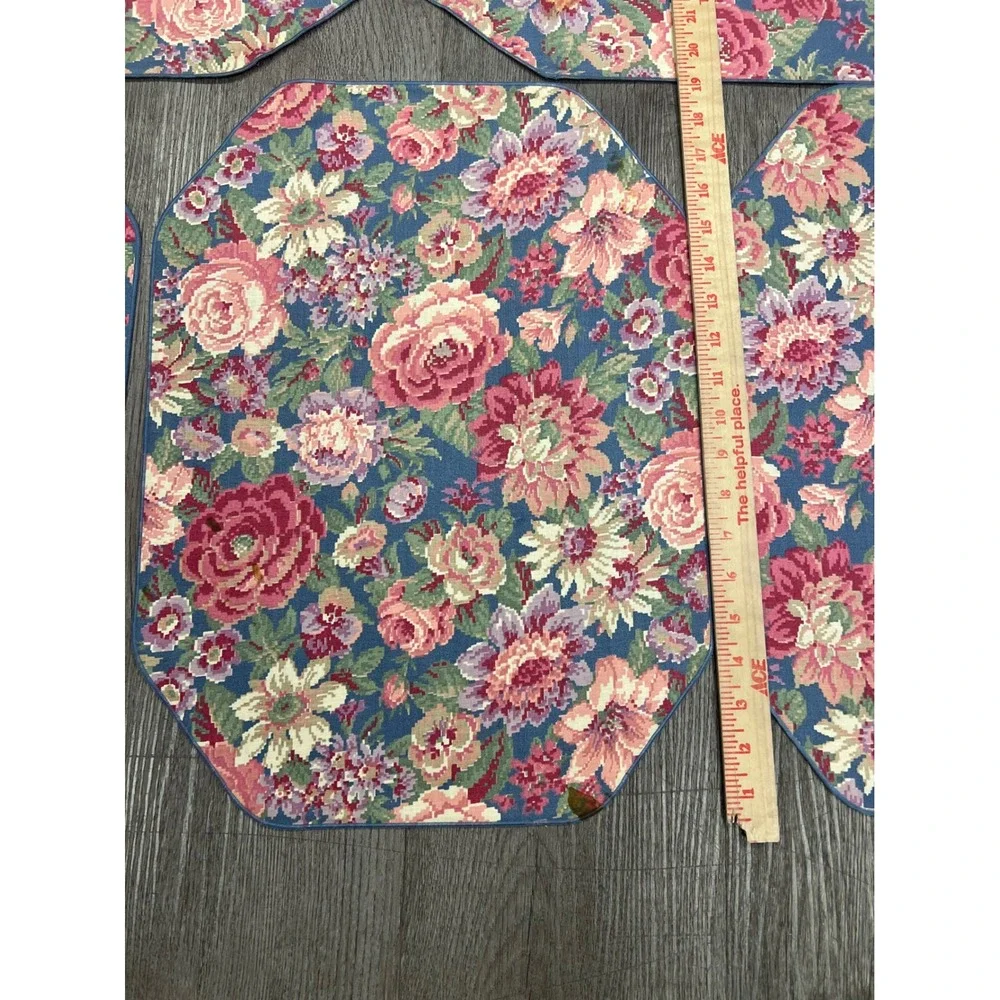 Vintage 80s 90s Quilted Placemats Set of 8 Cottagecore Cabbage Rose Floral Blue